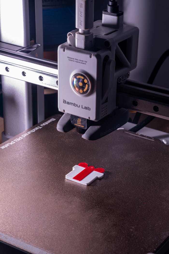 Close-up of a 3D printer fabricating a red and white object on a build plate.